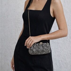 Embellished Black and Gold Chain Evening Clutch